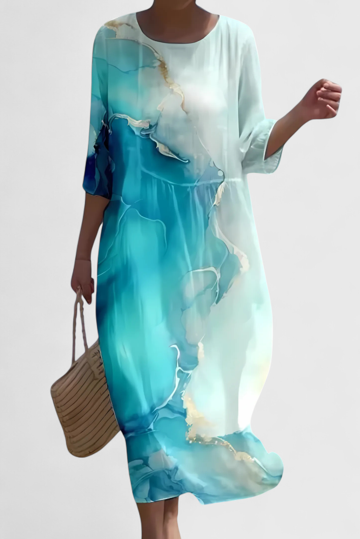 Momount Women’s Floral Midi Dress – 3/4 Sleeve Loose Fit Casual Summer Beach Dress