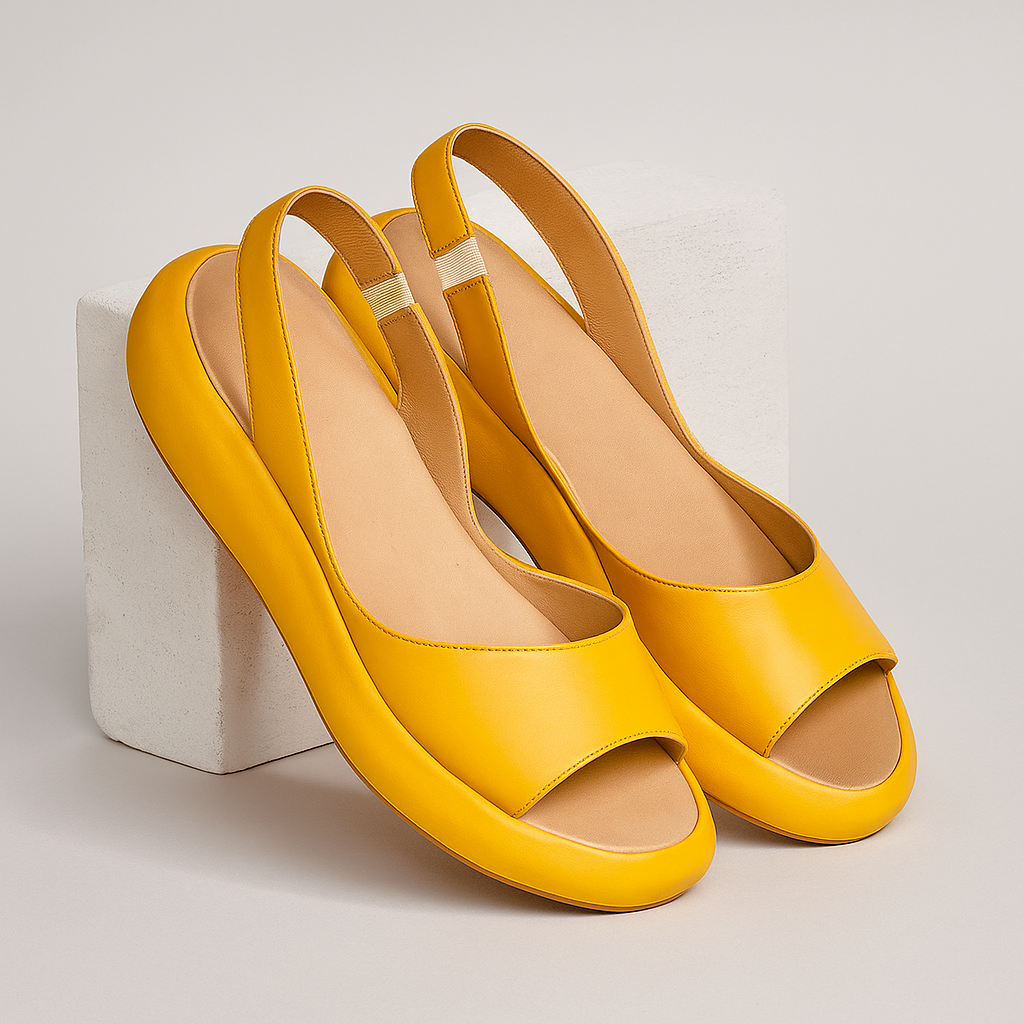 Momount Women Wedge Sandals – Orange Leather Slingback Platform Open-Toe