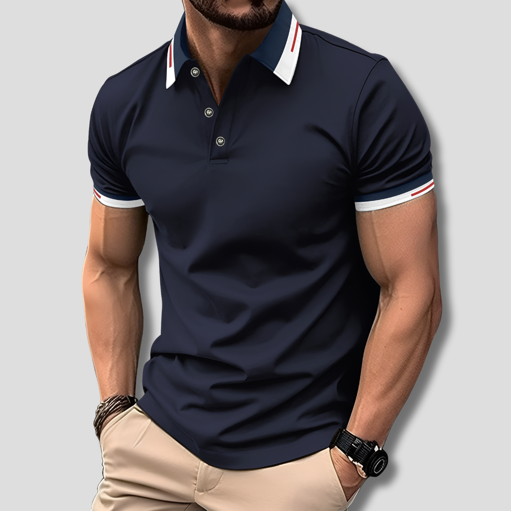 Momount Men Polo Shirt – Contrast Collar Striped Cuff Short Sleeve