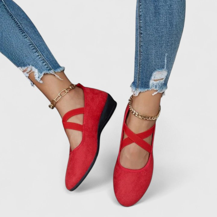 Momount Women Ballet Flats – Suede Crossover Strap Round Toe Elastic Ankle