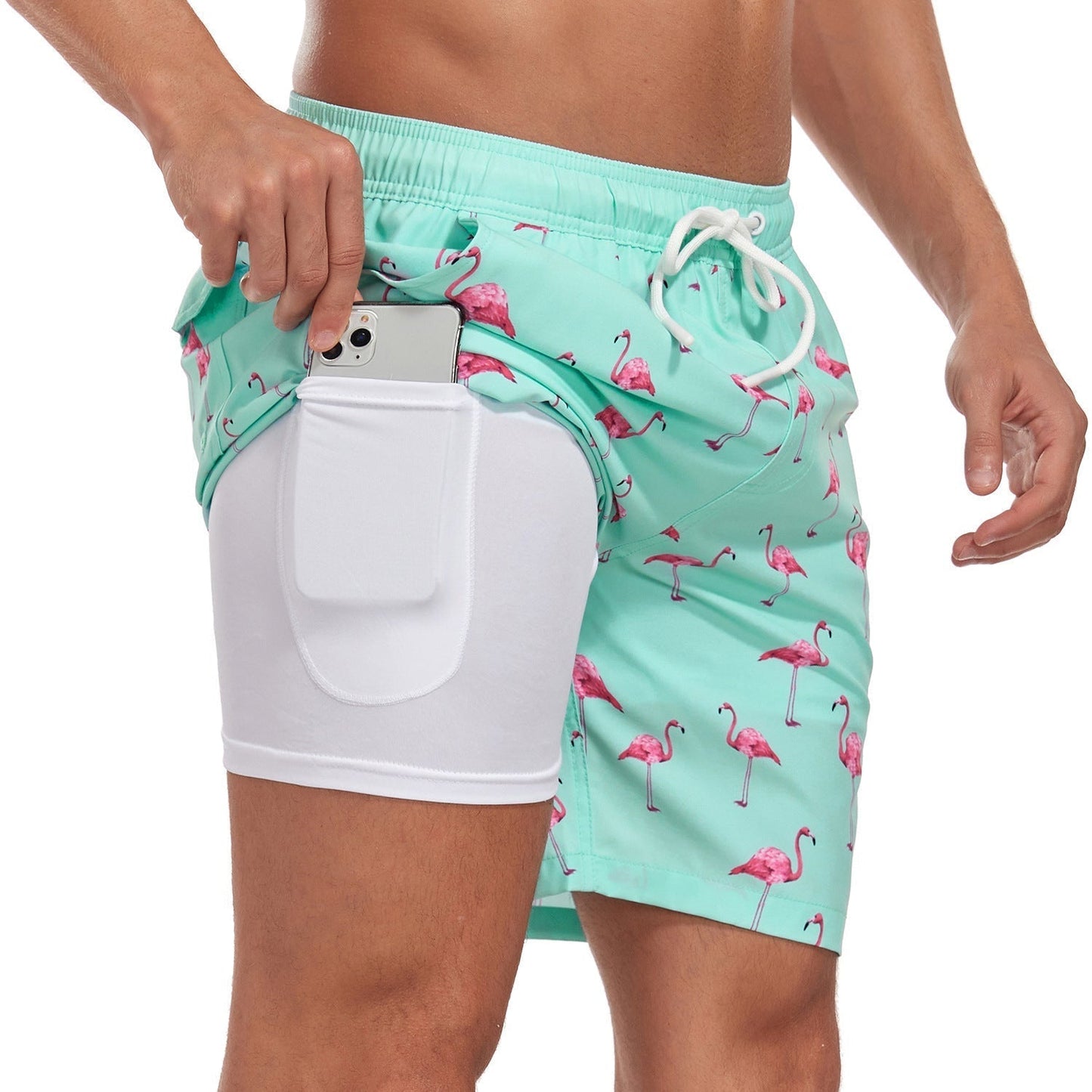 Momount Men Swim Shorts – Palm Print Drawstring Mesh Liner Quick Dry