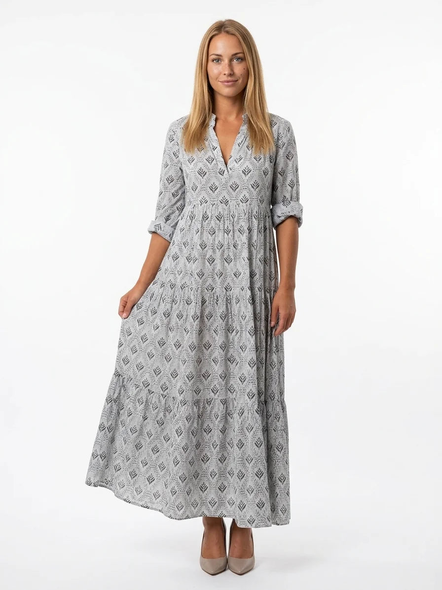 Willow Boho Maxi Dress | All-Over Print, Tassel Detail - Light Gray - front