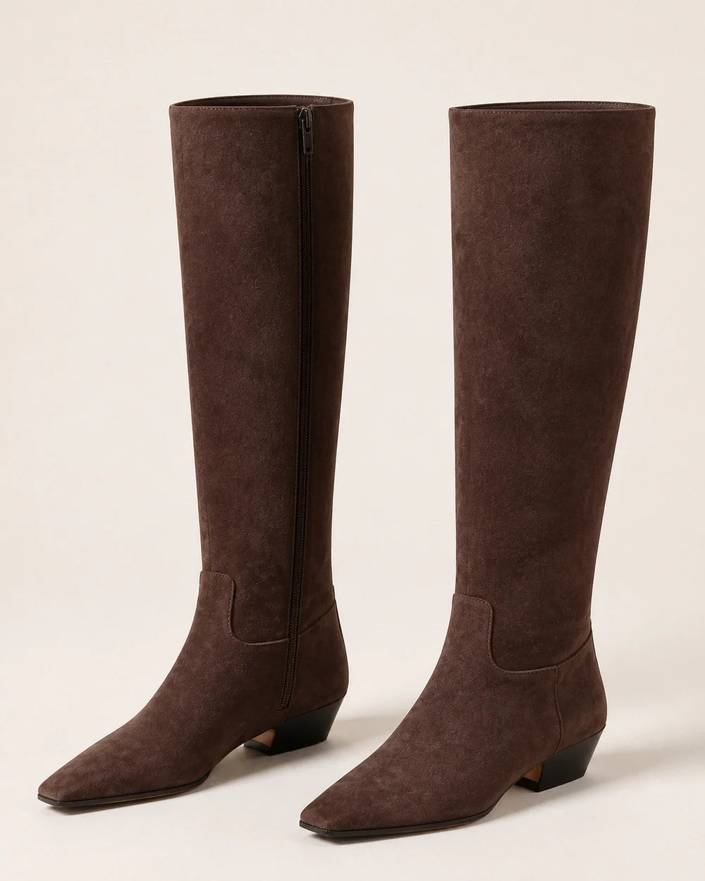 Chocolate square-toe knee-high boots, product-only view