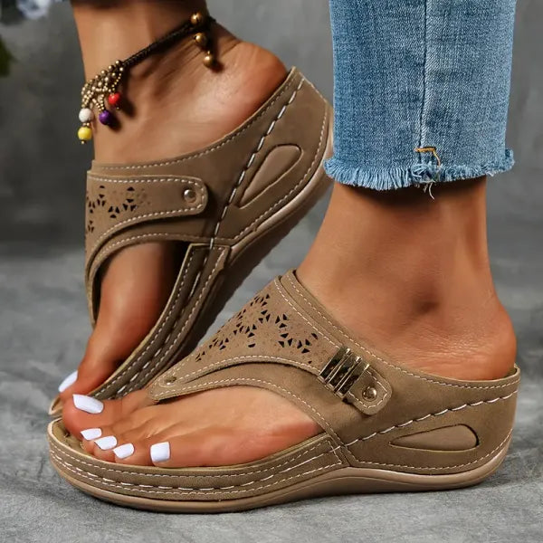 Momount Women Orthopedic Wedge Sandals – Black Laser-Cut Thong Summer