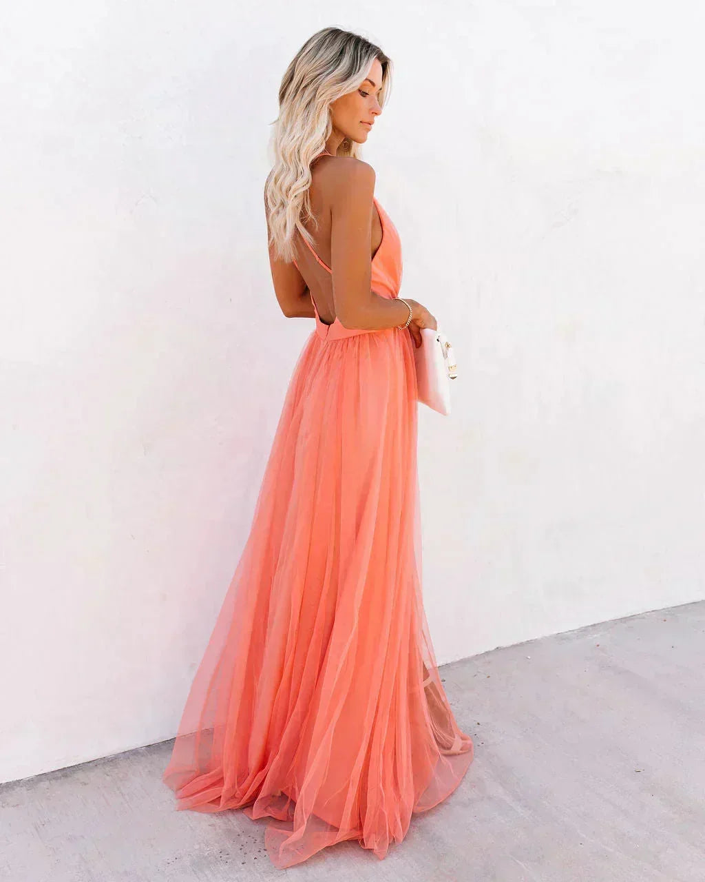 Damiana Ethereal Tulle V Neck Backless Flowy Maxi Dress