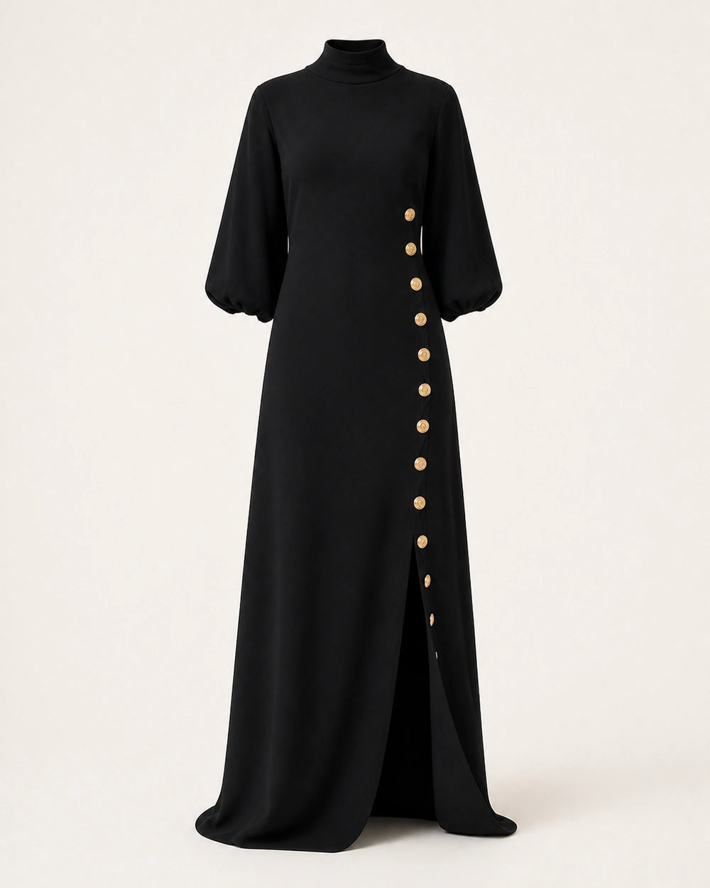 Black maxi dress with mock neck and gold buttons, product-only front view