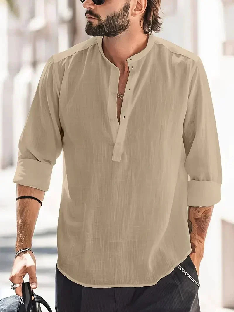 Momount Men Linen Henley Shirt – Long Sleeve Stand Collar Summer