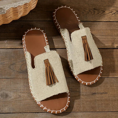 Momount Women Flat Sandals Comfort Slip On Casual Summer Cushioned Support Lightweight Open Toe Boho Tassel Design