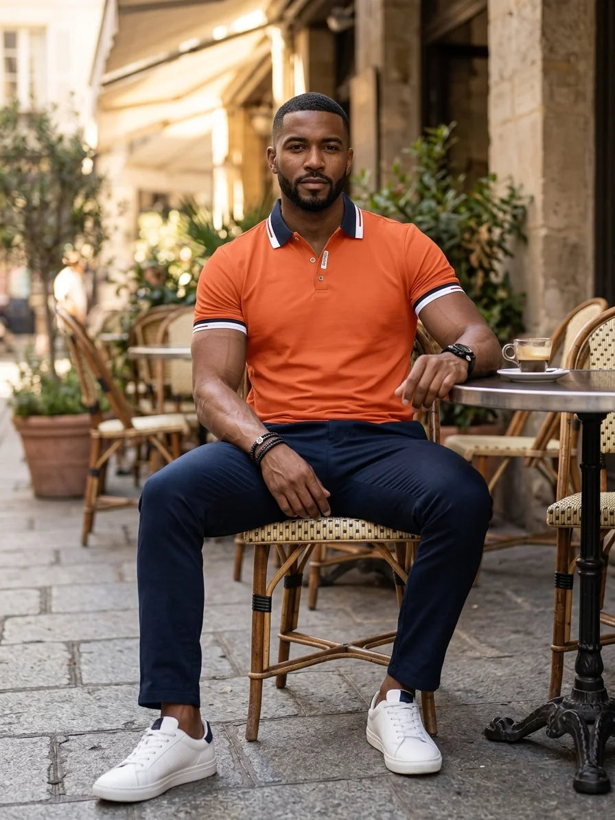 Momount Men Polo Shirt – Contrast Collar Striped Cuff Short Sleeve - Orange - lifestyle_cafe