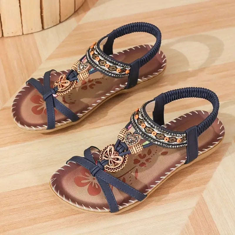 Momount Women Slingback Sandals – Teal Boho Beaded Rhinestone Flat