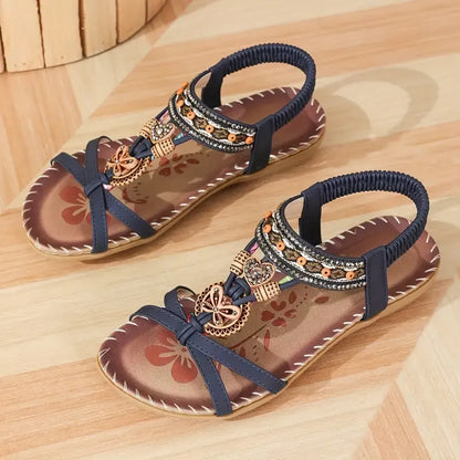 Momount Women Slingback Sandals – Teal Boho Beaded Rhinestone Flat