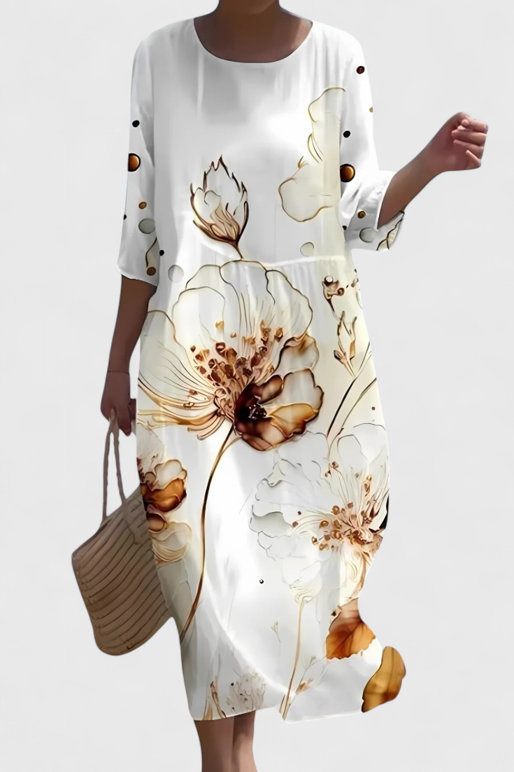 Momount Women’s Floral Midi Dress – 3/4 Sleeve Loose Fit Casual Summer Beach Dress