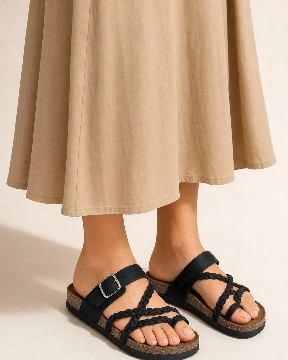 Women's Braided-Strap Flat Sandals with Buckle — image 7 — 07-black-second-styling.webp