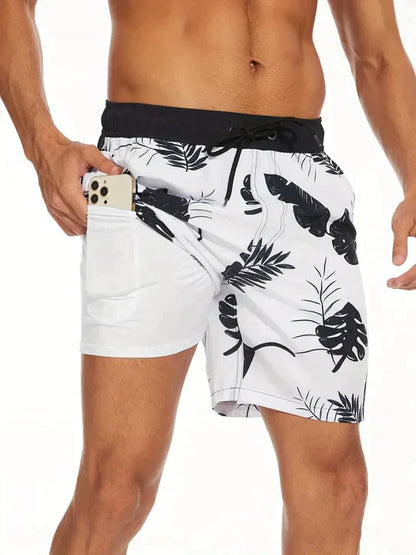 Momount Men Swim Shorts – Tropical Leaf Print Phone Pocket Mesh Liner