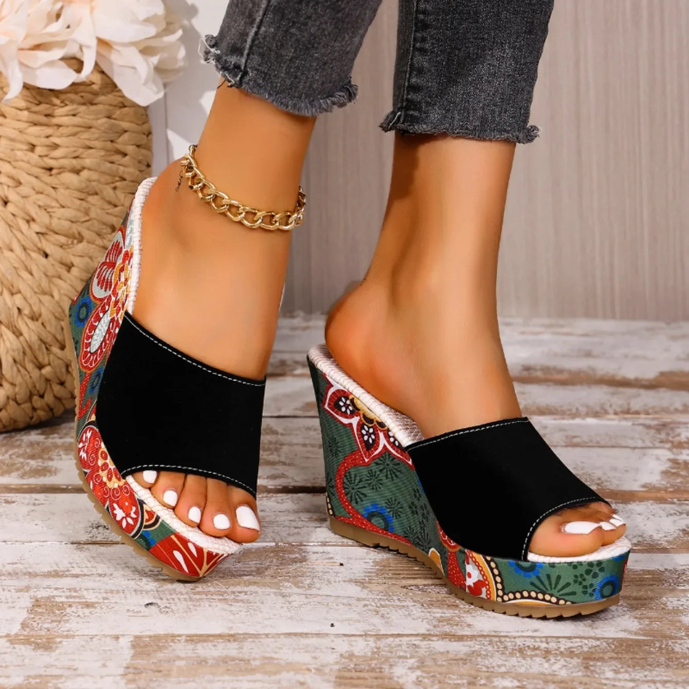 Momount Women Wedge Sandals – Suede Floral Print Platform Slide Boho