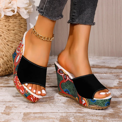 Momount Women Wedge Sandals – Suede Floral Print Platform Slide Boho