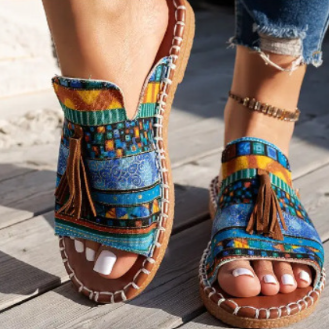 Momount Women Flat Sandals Comfort Slip On Casual Summer Cushioned Support Lightweight Open Toe Boho Tassel Design