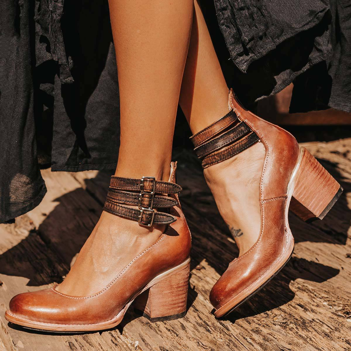 Evadne | Western Buckle Leather Block Heel Boots