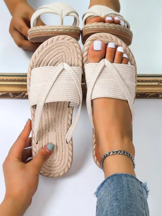 Momount Women Espadrille Sandals – Woven Jute Toe-Ring Flat Slide