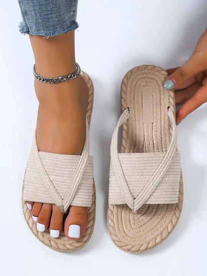 Momount Women Espadrille Sandals – Woven Jute Toe-Ring Flat Slide