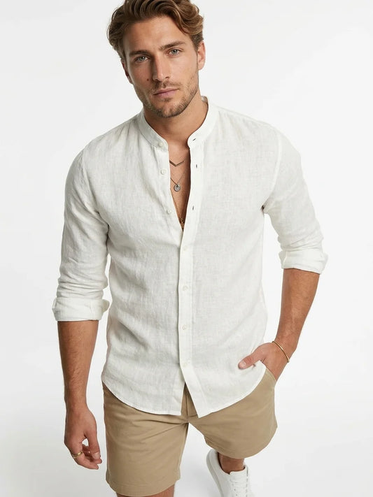 Momount Men Linen Shirt – Long Sleeve Slim Fit Button Up Casual - White - closeup