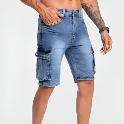 Momount Men Denim Cargo Shorts – Stretch Knee Length Flap Pocket