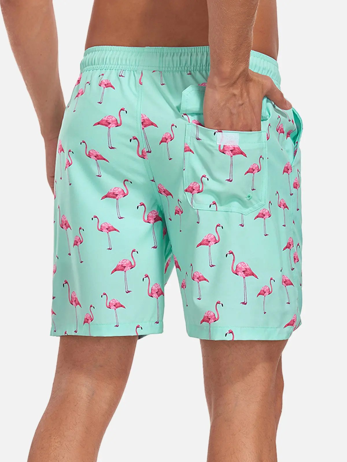 Momount Men Swim Shorts – Flamingo Print Drawstring Beach Summer
