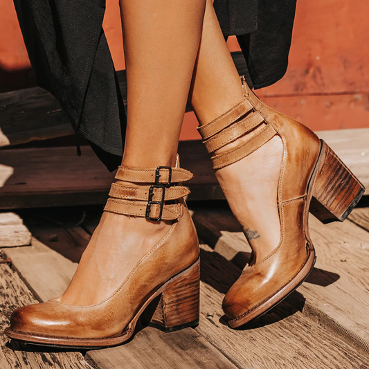 Evadne | Western Buckle Leather Block Heel Boots