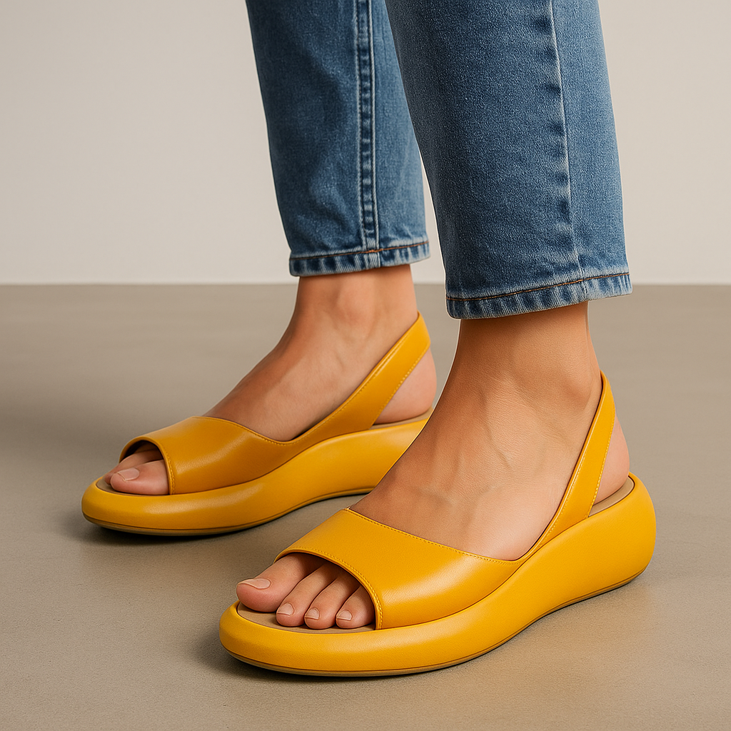 Momount Women Wedge Sandals – Orange Leather Slingback Platform Open-Toe