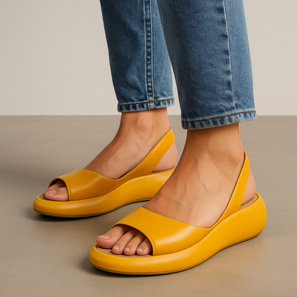 Momount Women Wedge Sandals – Orange Leather Slingback Platform Open-Toe