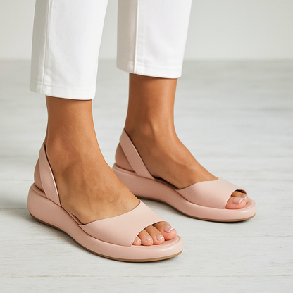 Momount Women Wedge Sandals – Orange Leather Slingback Platform Open-Toe