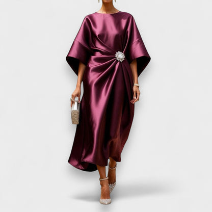 Momount Women’s Satin Midi Dress – Draped Batwing Elegant