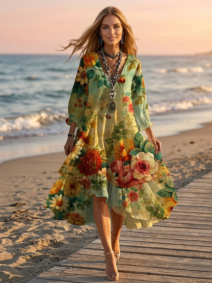 Ivy Boho Midi Dress | Floral Print, Tiered Skirt, 3/4 Sleeve - Yellow - lifestyle_beach