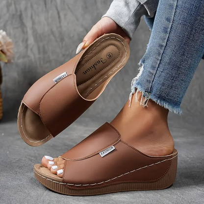 Momount Women Platform Wedge Sandals – Brown Leather Open-Toe Mule