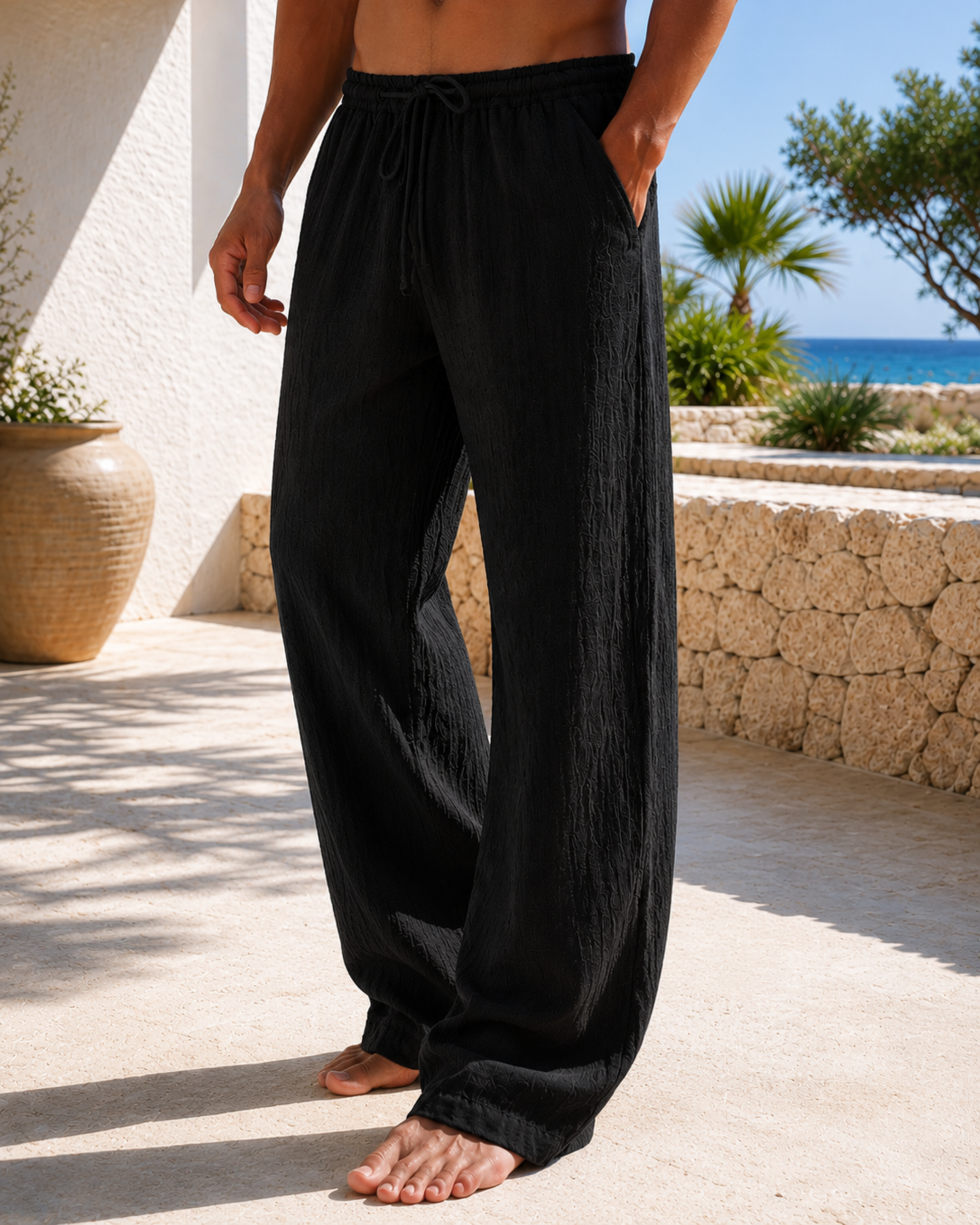 Momount men linen pants black drawstring elastic waist wide leg summer