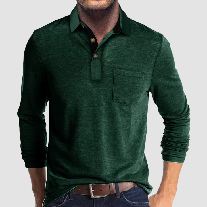 Momount Men Long Sleeve Polo Shirt – Contrast Collar Pocket Classic Fit