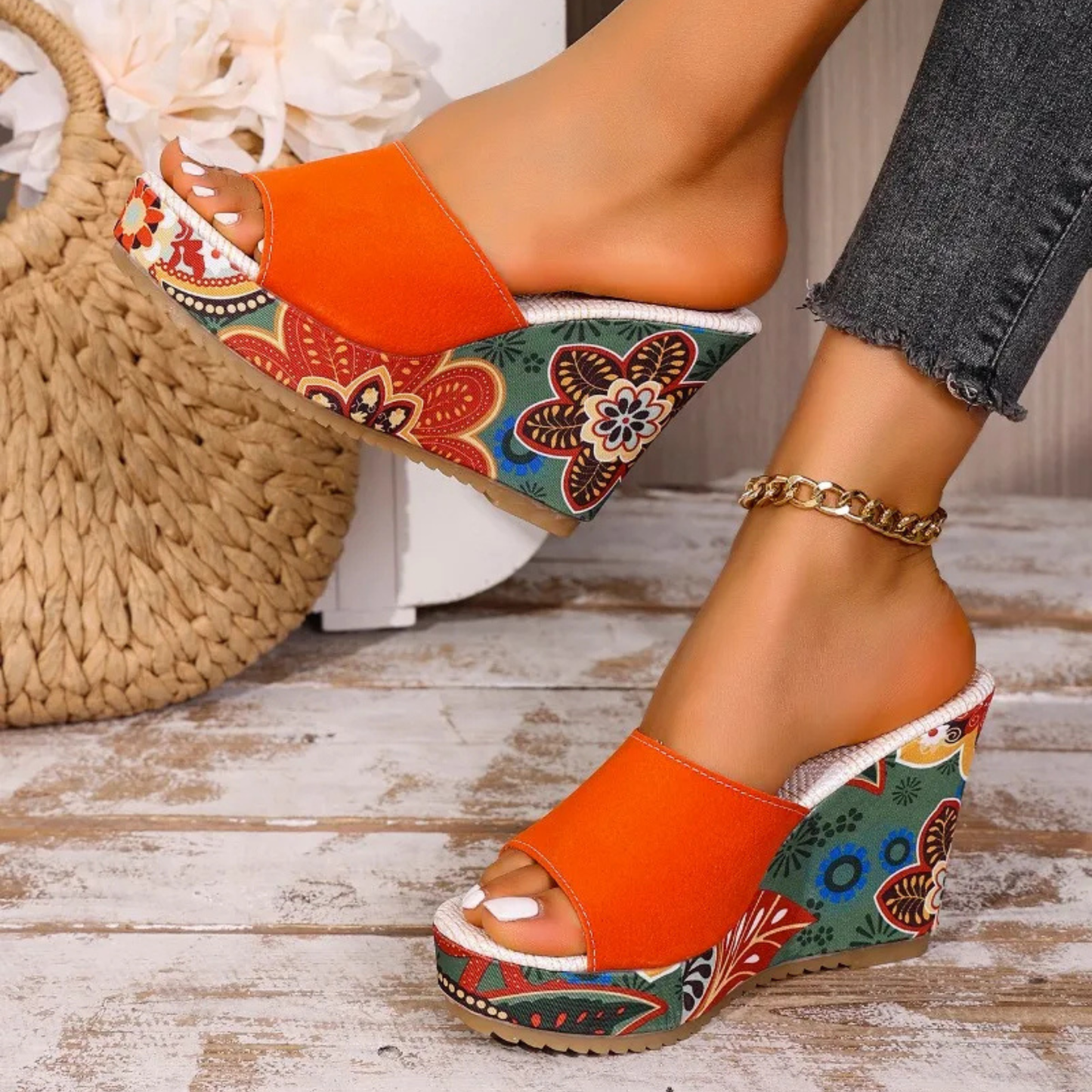 Momount Women Wedge Sandals – Suede Floral Print Platform Slide Boho