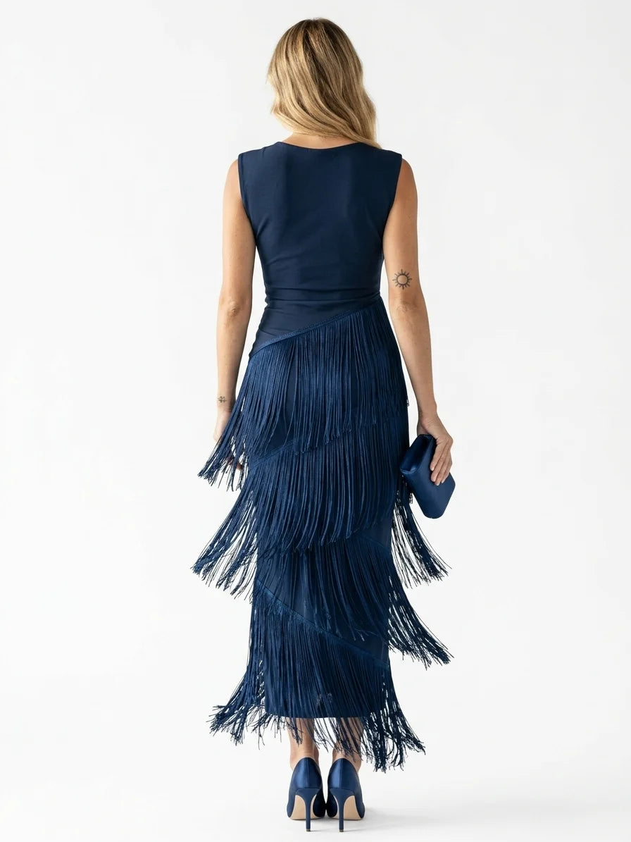Dolce V-Neck Maxi Dress | Pleated, Fringe Detail, Festive - main - back