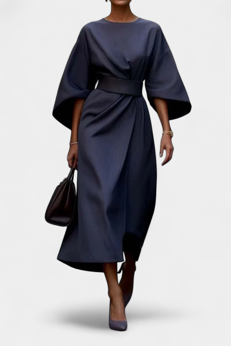 Momount Women’s Work Midi Dress – Belted Loose Fit Wide Sleeve Elegant Office Dress