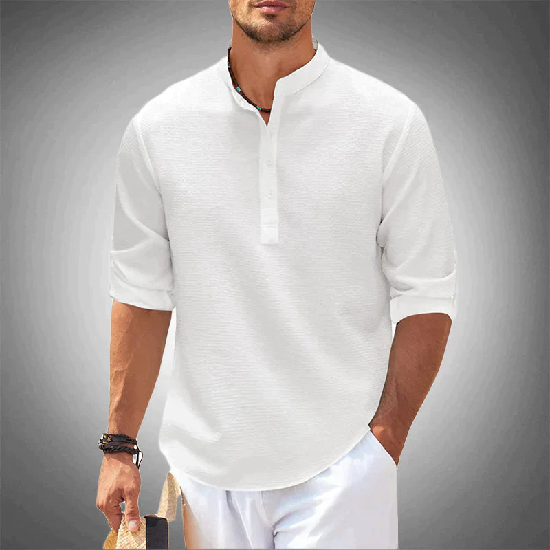 Momount Men Waffle Linen Shirt – Long Sleeve Band Collar Chest Pocket