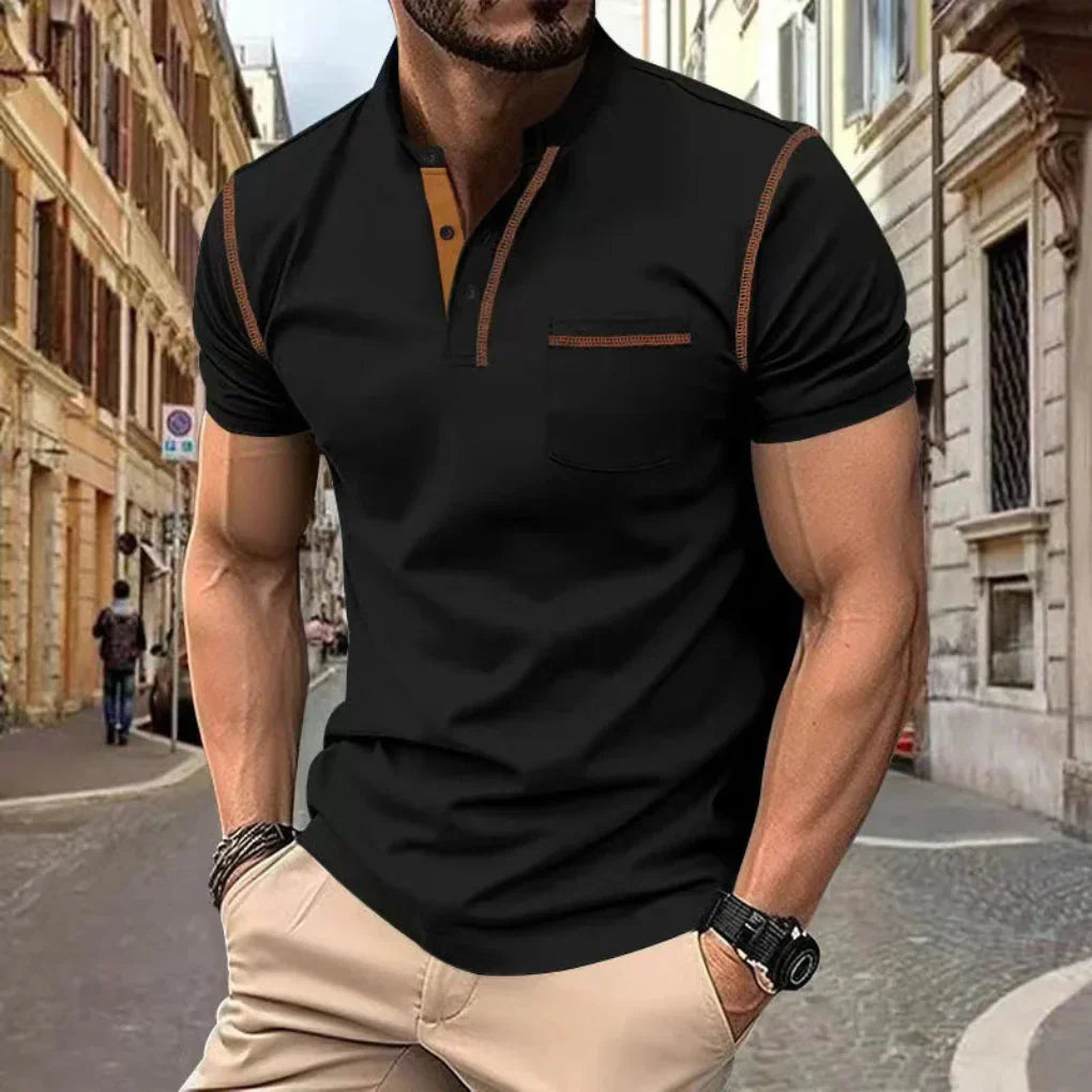 Momount Men Polo Shirt – Band Collar Contrast Trim Chest Pocket