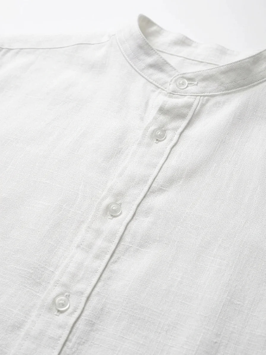 Momount Men Linen Shirt – Long Sleeve Slim Fit Button Up Casual - White - detail