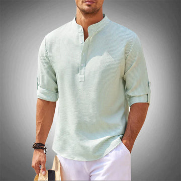 Momount Men Waffle Linen Shirt – Long Sleeve Band Collar Chest Pocket