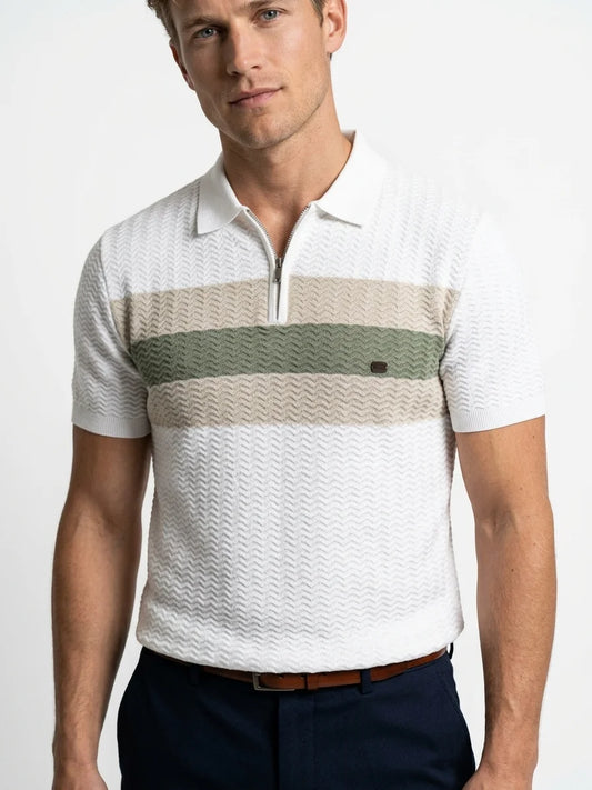 Momount Men Half Zip Polo Shirt – Knit Contrast Stripe Short Sleeve - White - closeup