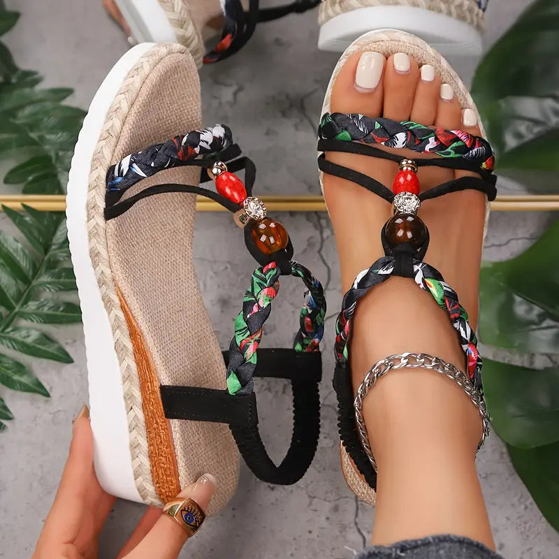 Momount Women Espadrille Wedge Sandals – Boho Braided Beaded Rhinestone