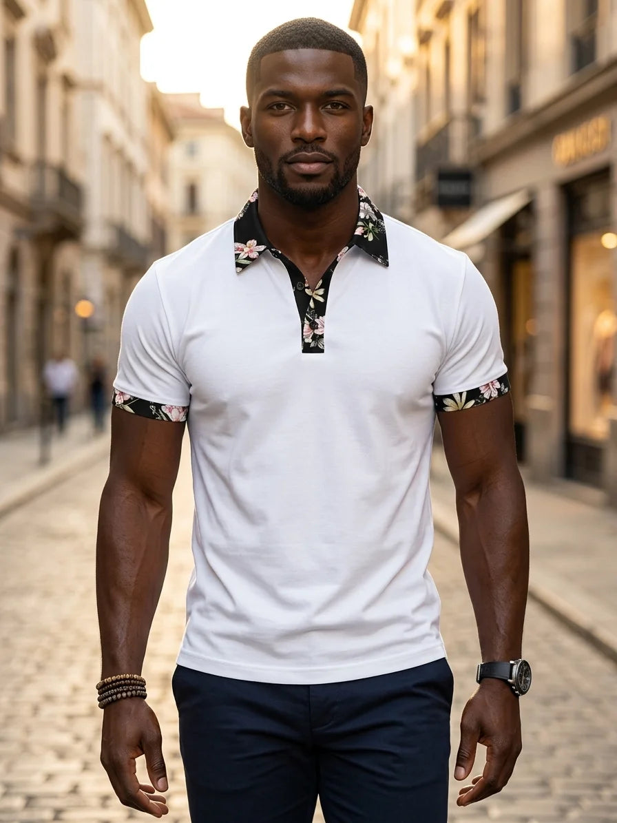 Momount Men Polo Shirt – Floral Contrast Collar Cuffs Short Sleeve - White - lifestyle_street