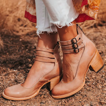 Evadne | Western Buckle Leather Block Heel Boots