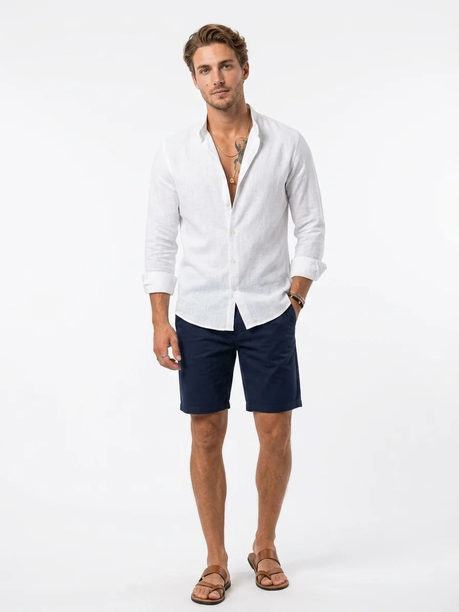 Momount Men Linen Shirt – Long Sleeve Slim Fit Point Collar Classic - White - front