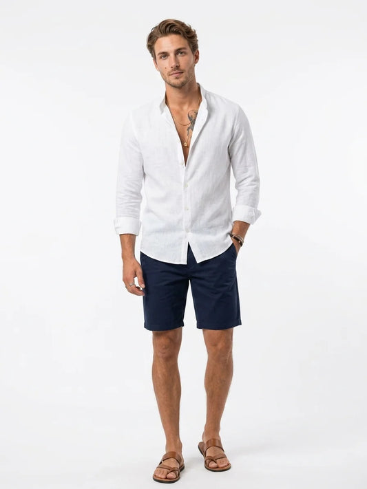 Momount Men Linen Shirt – Long Sleeve Slim Fit Point Collar Classic - White - front