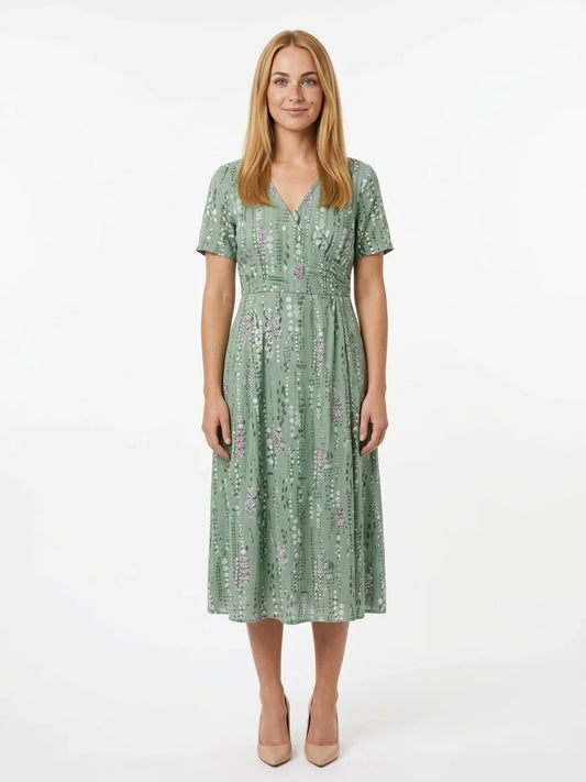 Poppy Summer Midi Dress | Flared Skirt, V-Neck, Printed - Green - front